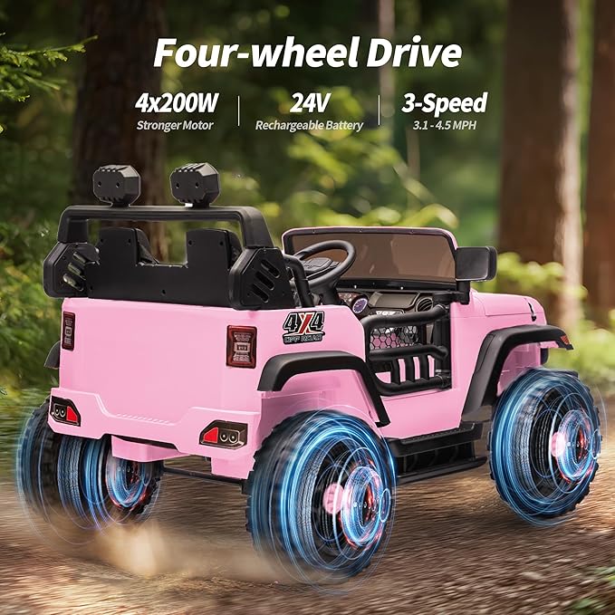 2 Seater Ride on Car Toy, 24V 4WD Electric Car for Kids 4-8 with Remote Control, 4x200W Motors, Capacity 150 lb - Light Pink