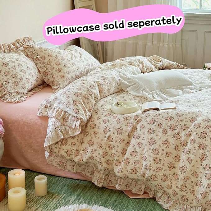 BuLuTu Pink Floral Twin Size Duvet Cover for Girls Kids, Flower Print Comforter Cover with Ruffles, Soft Lightweight Quilt Cover 100% Cotton Muslin, Zipper Closure, 68"x86", No Pillowcases