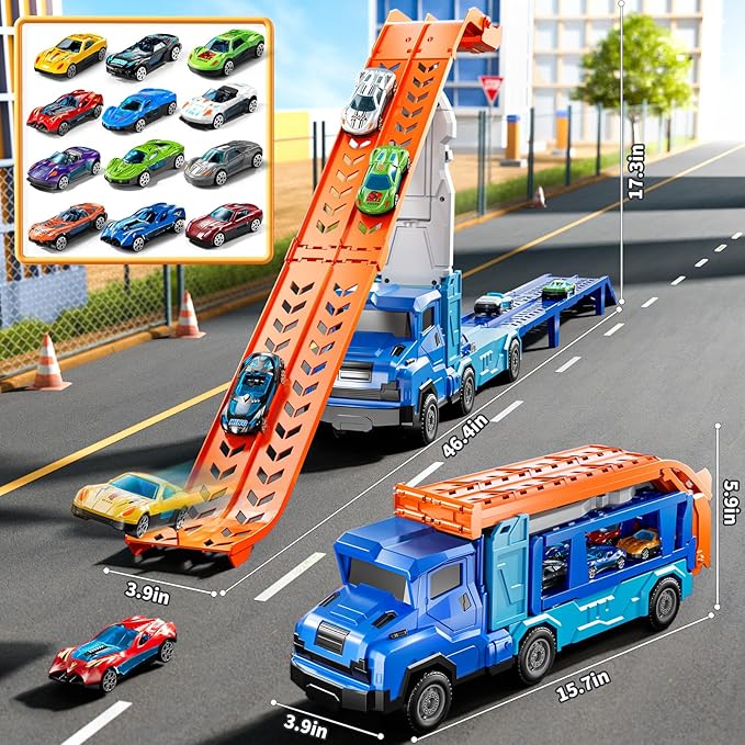 Toddler Car Truck Toys for 3 4 5 6 7 8 Years Old Boys, Transporter Truck Toy Track Set with 12 Die-Cast Car Toys, Toy Gifts for 3 4 5 6 Year Old Boys Kids