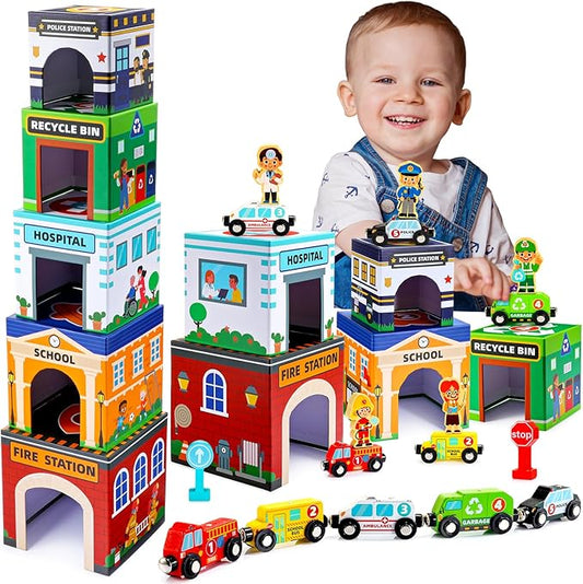 Baby Stacking Toys for Toddlers, Magnetic Wooden Cars & Garage Sorting Community Helpers Preschool Educational Learning Montessori Toys Birthday Gifts for Kids Number Blocks Nesting Boxes