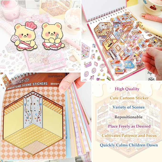 Scene Sticker Book for Kids, 20 Sets of 3D Sticker Scenes for Adults Fun Mini Cute Kawaii Stickers Therapy 3D Scenes Stickers Set Relief Stress Pass The Time, Holiday & Christmas Fun