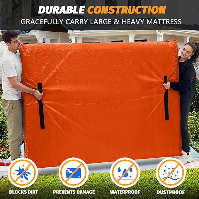 Mattress Bags for Moving, BETU Mattress Protector Waterproof Mattress Cover Queen Size Storage Bags with 8 Heavy-Duty Handles and Zipper for Bed Extra Thick Large Reusable (82"x62"x15" Orange)