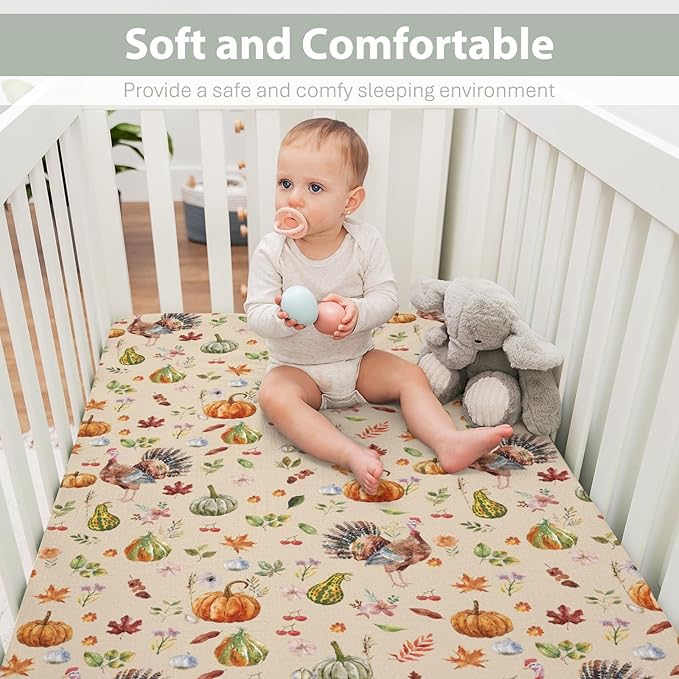 Thanksgiving Turkey Pumpkins Baby Crib Sheets for Boy Girl 52"x28" Vintage Autumn Leaves Soft Stretchy Fitted Crib Mattress Covers Fall Harvest Baby Sheet for Standard Crib and Toddler Bed Mattress