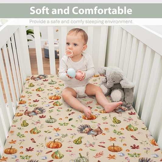Thanksgiving Turkey Pumpkins Baby Crib Sheets for Boy Girl 52"x28" Vintage Autumn Leaves Soft Stretchy Fitted Crib Mattress Covers Fall Harvest Baby Sheet for Standard Crib and Toddler Bed Mattress