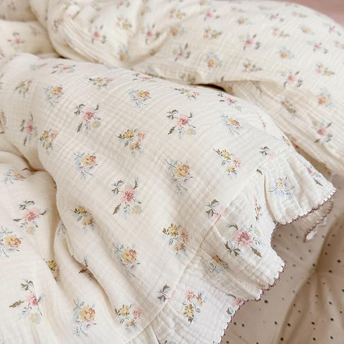 BuLuTu 100% Cotton Muslin Duvet Cover Twin for Kids Girls Boys, Shabby Chic Azalea Floral Duvet Covers Vintage Farmhouse Comforter/Quilt Cover with Ruffles, 68"x86", Zipper Closure, No Pillow