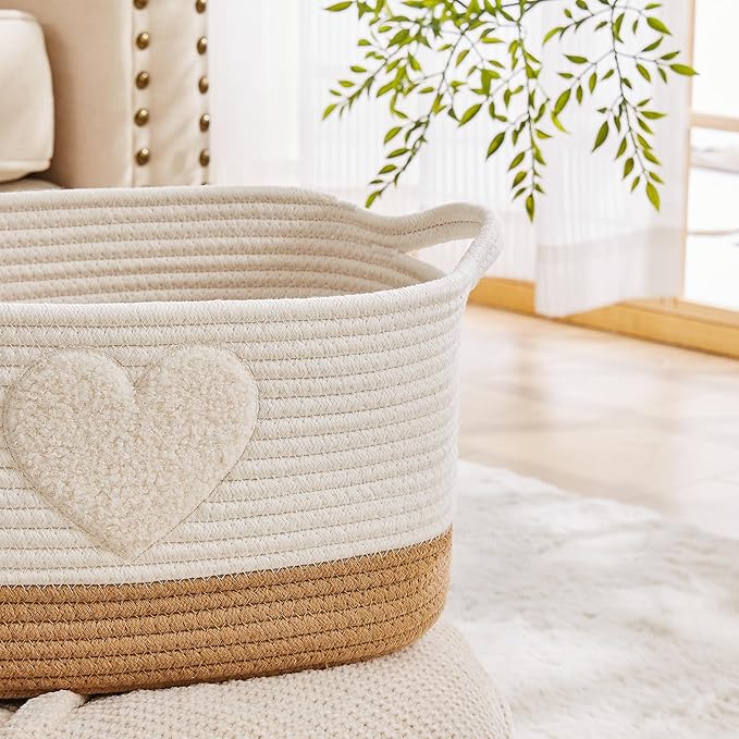 BUBUSUN Storage Bins Woven Baskets for Storage Set of 3, Cotton Rope Basket with Handles for Toys/Shelves/Laundry, Rectangle Multi-Purpose Organizer for Living Room, Bedroom, Nursery (Heart)