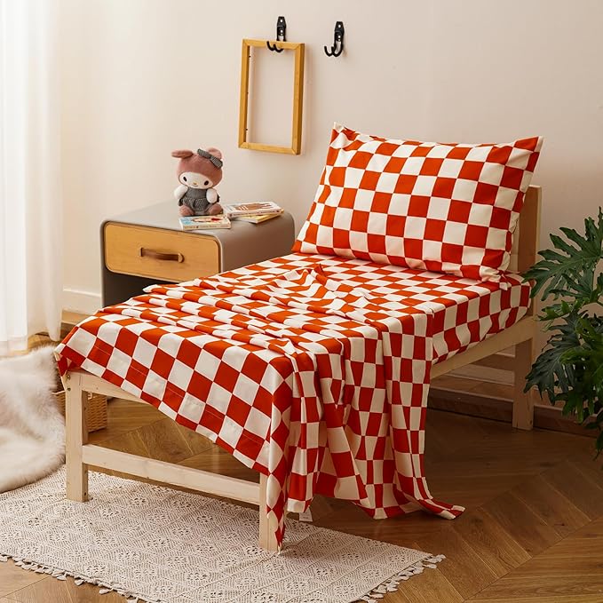 KAREVER Grid Toddler Bedding Set Orange White Checkered 4 Pieces Crib Bed Set Kids Pliad Comforter Set