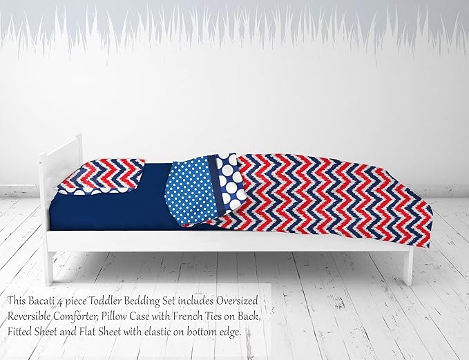 Bacati - Mix N Match 4 Pc Boys Toddler Bedding Set 100 Percent Cotton Includes Reversible Comforter, Fitted Sheet, Top Sheet, and Pillow Case for Boys (Navy/Red)