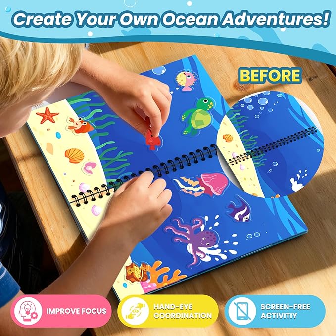 Ocean Reusable Sticker Book for Toddlers, DIY Make-a-face Animals Fun Jelly Stickers, Washable Puffy Stickers for Kids Toys, Airplane Road Trip Travel Activities Essentials for Kids 3 4 5 Years
