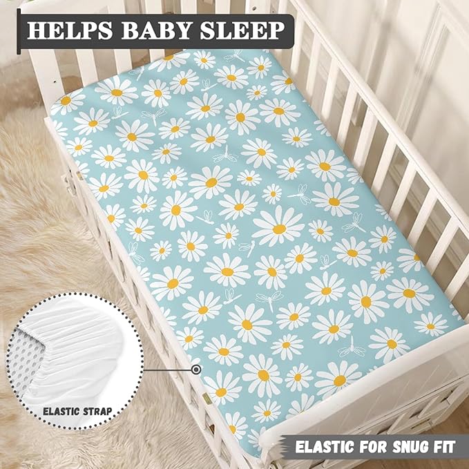 Daisy Flower with Dragonfly Fitted Crib Sheet for Girls Cute Floral Baby Sheet for Standard Crib and Toddler Blue White Nursery Bed Mattress Sheets 28"x52"