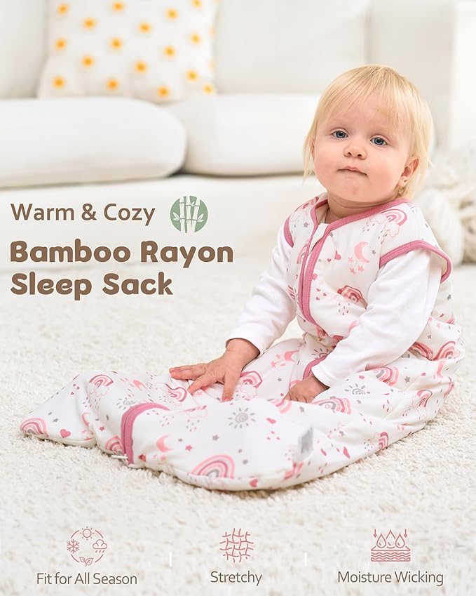 Rayon Made from Bamboo Baby Sleep Sack 12-18 Months, 1.0 Tog Baby Wearable Blanket, Soft Sleeping Bag for Infant Toddler Babies with 2-Way Zipper 2 Pack (Large) Pink Rainbow