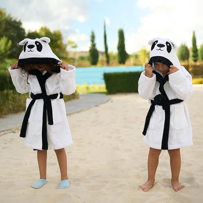 BAGNO MILANO Kids Organic Turkish Cotton Hooded Beach Cover-Up Towel, GOTS Certified, for Boys and Girls (Panda White, 5-6 Years)