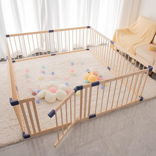 Wooden Baby Playpen Activity Center, Foldable Playpen for Babies and Toddlers, Extra Large Baby Fence Play Area with Safety Gate for Indoor Use, Corrales Para Bebes, 70.90"X 78.80"X 24",8-Panel w/Gate