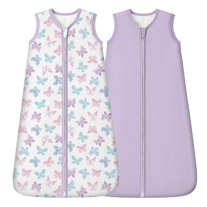 Rayon Made from Bamboo Baby Sleep Sack 0-6 Months, 1.0 Tog Baby Wearable Blanket, Soft Sleeping Bag for Newborn Infant Babies with 2-Way Zipper 2 Pack (Small) Purple Butterfly