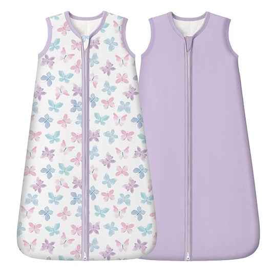 Rayon Made from Bamboo Baby Sleep Sack 12-18 Months, 1.0 Tog Baby Wearable Blanket, Soft Sleeping Bag for Infant Toddler Babies with 2-Way Zipper 2 Pack (Large) Purple Butterfly