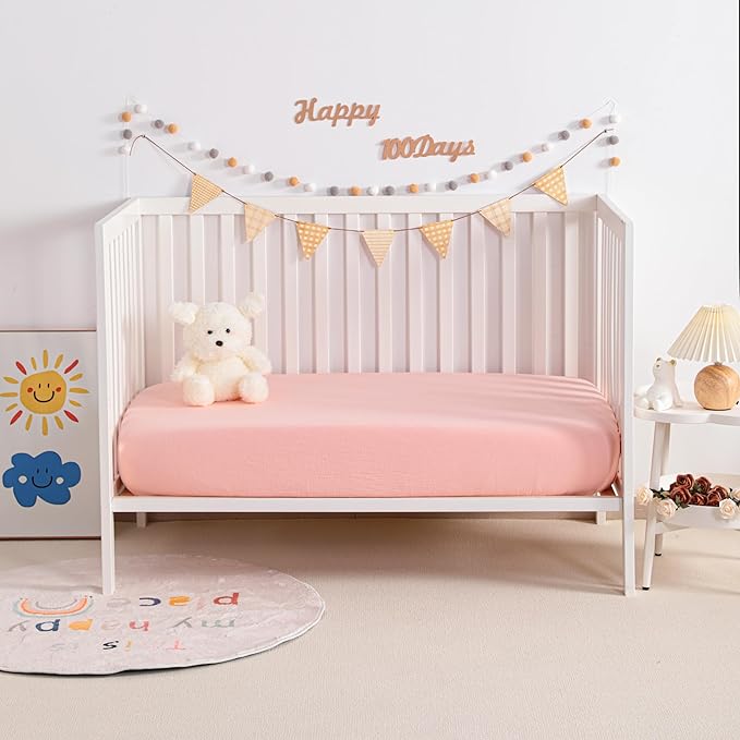 NTBAY 2 Pack Muslin Cotton Mini Crib Sheets, Soft and Breathable Double Layer 24x38 Baby Crib Sheets for Mini Crib and Toddler Mattresses, Boys, Girls, Unisex, Coral Pink, 24x38 Inches