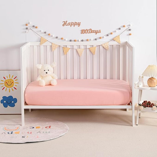 NTBAY 2 Pack Muslin Cotton Mini Crib Sheets, Soft and Breathable Double Layer 24x38 Baby Crib Sheets for Mini Crib and Toddler Mattresses, Boys, Girls, Unisex, Coral Pink, 24x38 Inches