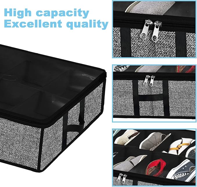 Meerainy Under Bed Shoe Organizer Storage for Closet 2 Pack- Fits 24 Pairs Underbed Shoes Container Boxes with H Shap Sturdy Handles and Clear Window,Foldable Shoe Rack Holder,Black