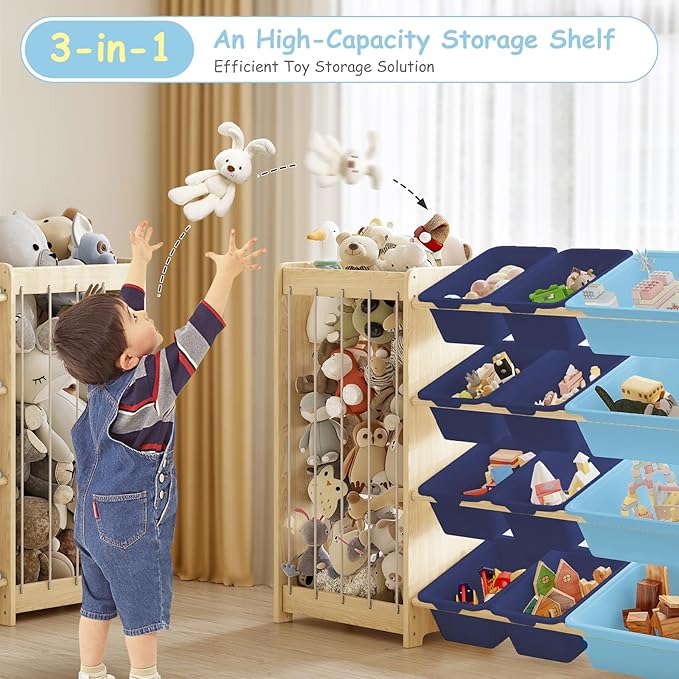 EXPERLAM Toy and Stuffed Animal Storage, 12-Bin Toy Shelf with Double-Sided Stuffed Animal Holder & Thicker Elastic Ropes, Space-Saving Solid Wood Toy Organizer for Playroom, Nursery, Bedroom, Blue