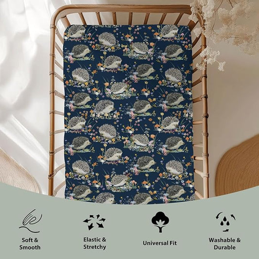 Happy Hedgehogs Mushroom Floral Baby Crib Sheets for Boy Girl 28"x52" Cartoon Hedgehog Soft Snug Fitted Crib Mattress Cover Summer Animal Baby Sheet for Standard Crib & Toddler Bed Mattress