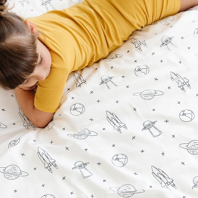 MakeMake Organics Organic Twin Fitted Sheet Set GOTS Certified Organic Cotton Fitted Sheet with 1 Pillowcase Ultra Soft Non Toxic Breathable Hypoallergenic (40"X76", Astro)