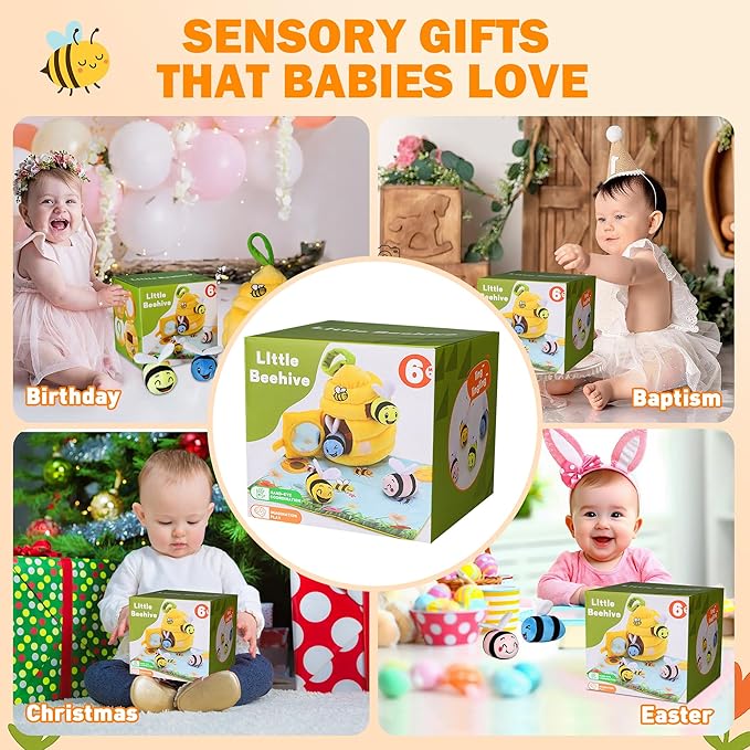 Baby Toys 6-12 Months, Plush Beehive with 4 Sensory Bees, Map Pad, Rattle, Crinkle Paper, Squeaker, Mirror, Montessori Toy for 6 7 8 9 10 11 12 Month Old, Infant Toys Christmas Birthday Gift