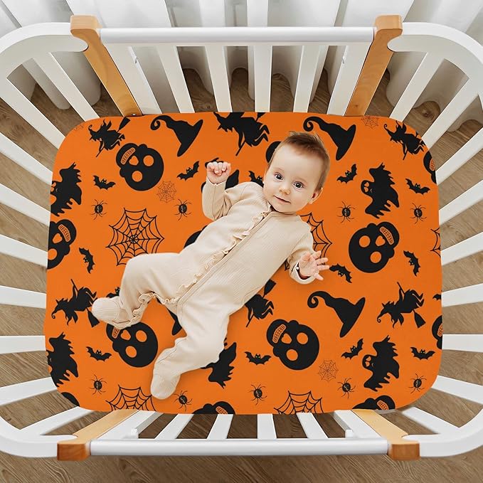 Halloween Orange Bat Ghost Crib Sheets Soft Breathable Fitted Baby Crib Sheets Mattress Cover for Girl Boys, 52" x 28" x 9"