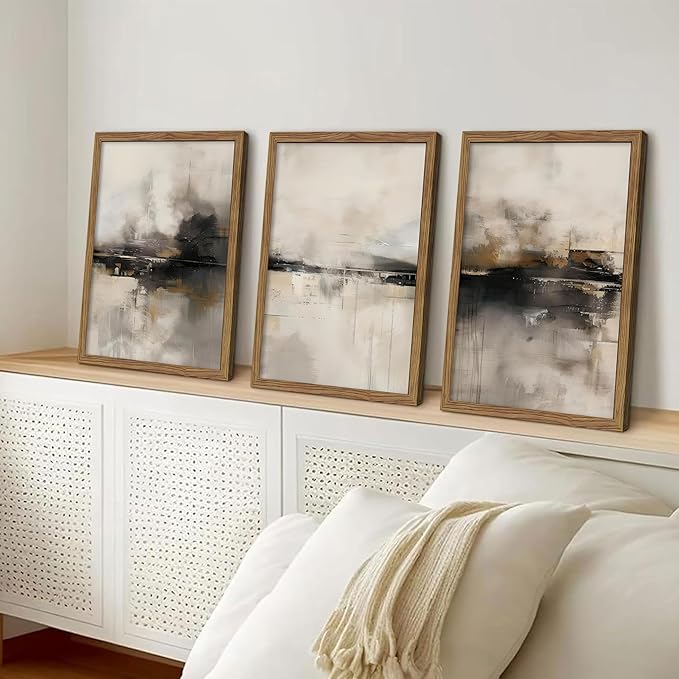 Neutral Abstract Wall Art Set of 3, Modern Black Brown Abstract Wall Decor Paintings, Minimalist Beige Textured Prints Pictures for Living Room Bedroom Office Home Decor 16x24 Inch Wood Framed