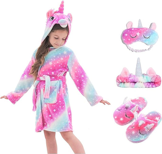 Soft Unicorn Hooded Robe with Matching Slippers Headband and Blindfold for Girls