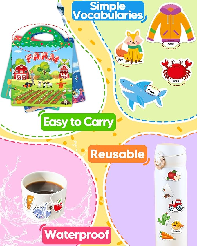 Benresive Reusable Sticker Books for Toddlers, 3 Sets Travel Stickers for Kids, Toddler Sticker Book, Crafts Activities for Toddlers, 3 and Up Birthday Gifts Travel Toys