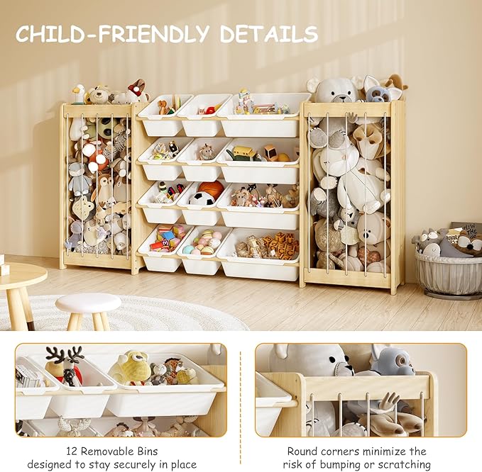 EXPERLAM Toy and Stuffed Animal Storage, 12-Bin Toy Shelf with Double-Sided Stuffed Animal Holder & Thicker Elastic Ropes, Space-Saving Solid Wood Toy Organizer for Playroom, Nursery, Bedroom, White