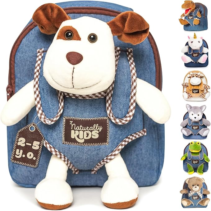 Naturally KIDS Dog Backpack, Dog Toys for Toddlers, Toddler Stuffed Animals Gifts for 2 3 4 5 Year Old Girl Boy