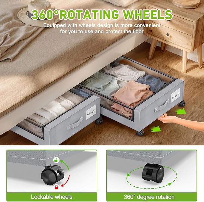Molutsody Under Bed Storage with Wheels, 2-Pack Underbed Storage Containers with Clear Lids, Under Bed Shoe Storage Organizer Bins, Rolling Under Bed Storage for Clothes Shoes Blankets (Grey)