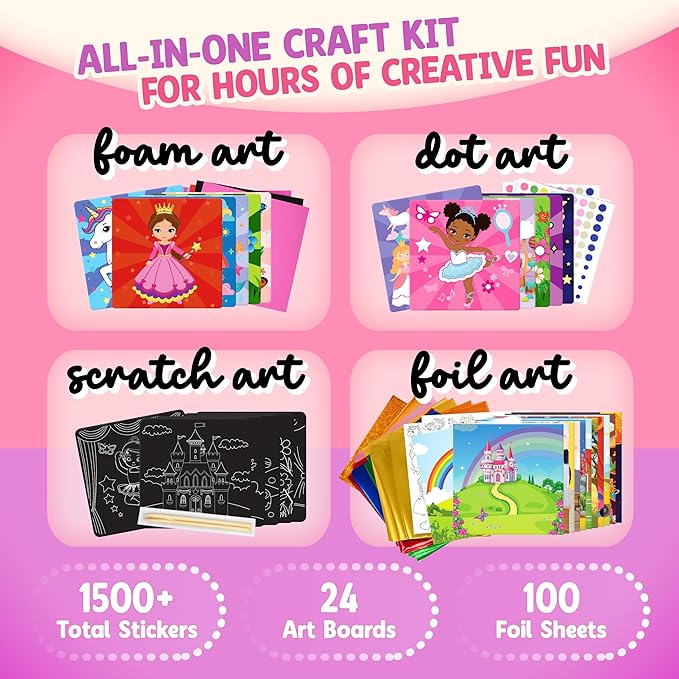 Unicorn Princess Craft Kit for Girls | 24 Kids Arts and Crafts Project Activities Set | Dot Foam Scratch Foil Art Stocking Stuffers | Birthday Holiday Christmas Gift Toys for Girls Ages 4-8 Years Old
