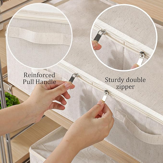 ENUMAIL Underbed Storage Box Organizer, Foldable Under Bed Clothes Bags Container, Flat Bins with Lid for Organizing Clothes, Sheets, Blankets, Comforter, 23.6x11.8x5.9in, Beige, 3 Pack