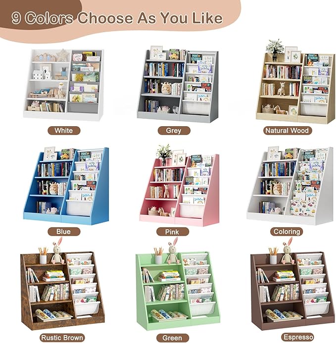 HedoAjim Kids Bookshelf for Bedroom Toddler Children Baby Bookcase 4-Tier for Nursery Book Toy Storage Organizer 5 Sling Book Display Shelf Book Rack Wood Classroom Playroom Rustic Brown