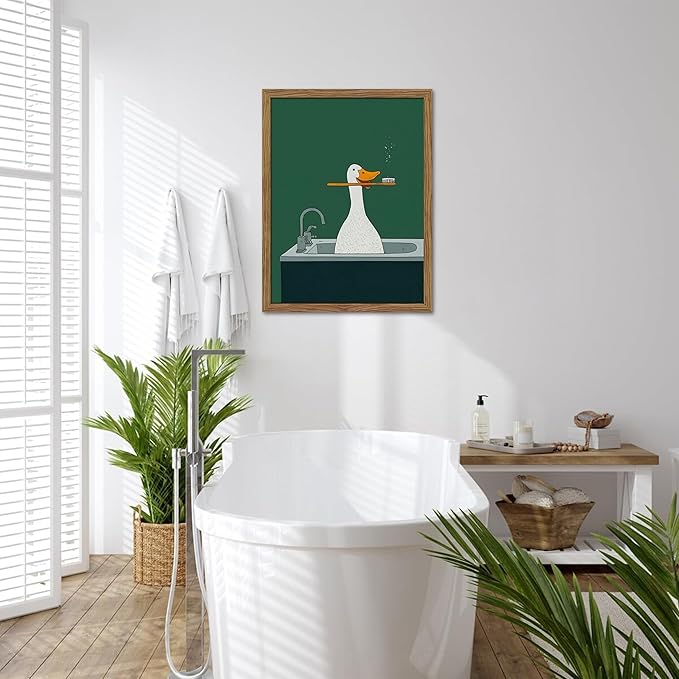 Framed Silly Goose Wall Art Bathroom Art Wall Decor Set of 3, Funny Gooses Poster Print, Dark Green Nursery Decor, Cute Animal Pictures Canvas for Kids Bathroom Washroom – 16x24 inch