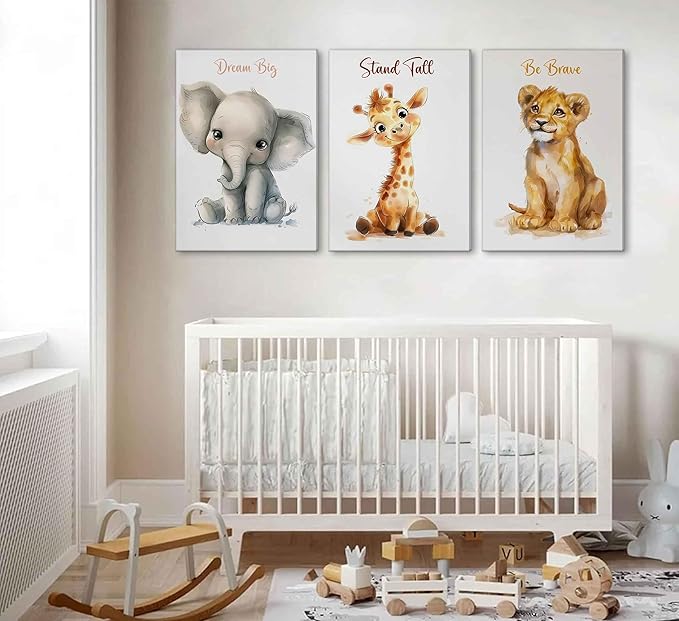 3 Pcs Safari Nursery Canvas Wall Art Kids Cute Inspirational Animal Lion Giraffe Elephant Painting Picture Wall Decor Poster Print Artwork for Baby Boys and Girls Room Home Decoration