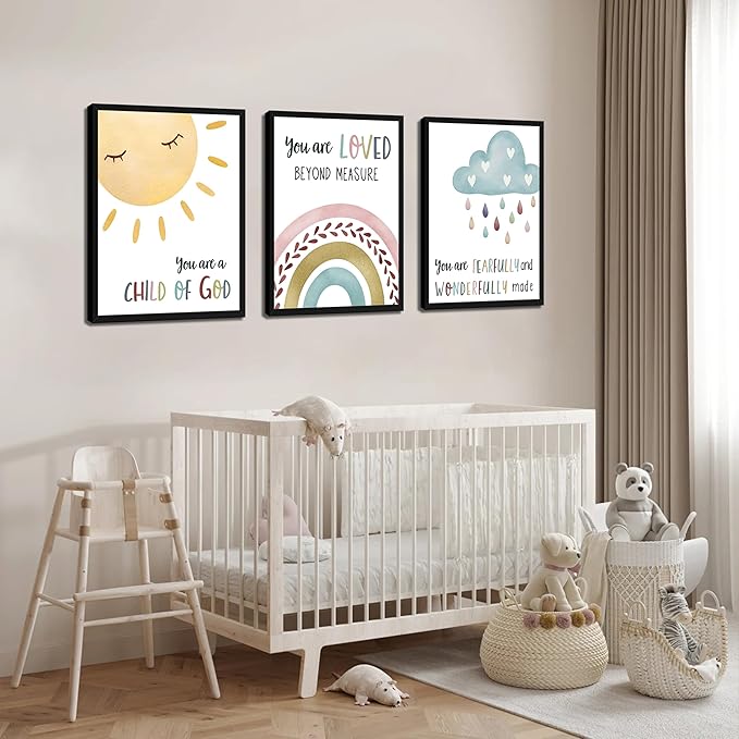Kids Bible Verse Wall Art, Christian Scripture Wall Decor Paintings Set of 3, Nursery Rainbow Inspirational Posters Prints Pictures for Classroom Kids Room Baby Room Bedroom 16x24 Inch Wood Framed