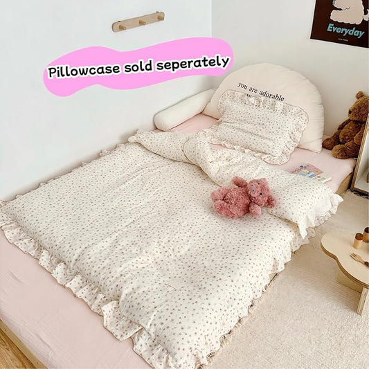 BuLuTu Muslin Cotton Pink Floral Print Duvet Cover for Toddler Girls Kids Comforter Cover for Toddler Bed/Crib Duvet Cover with Ruffles, 47"x59", No Pillow Cases
