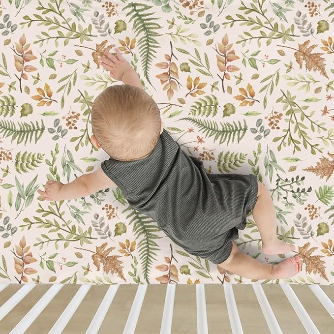 Cream Autumn Ferns and Leaves Baby Crib Sheets for Boy Girl 52"x28" Fall Autumn Leaves Soft Snug Fitted Crib Mattress Cover Thanksgiving Harvest Baby Sheet Fits Standard Crib and Toddler Bed Mattress
