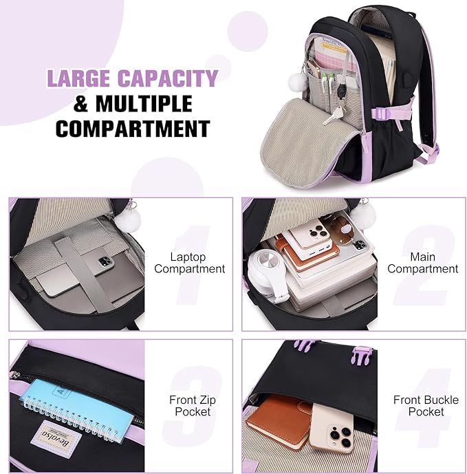 Bevalsa Backpack for Girls, School Backpacks for Girls, Kids Backpack with Lunch Box & Pencil Pouch for Teens Girl Kids Elementary Middle High School College Student Bookbag Daypack (Purple Black)