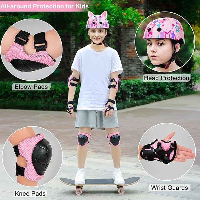 Kids Helmet, Bike Helmets for Kids 8-14 with Knee Pads and Elbow Pads Wrist Guards, Adjustable Youth Girls Bike Helmet with DIY Cat Ears Skateboard Helmet for Scooter Skating Cycling