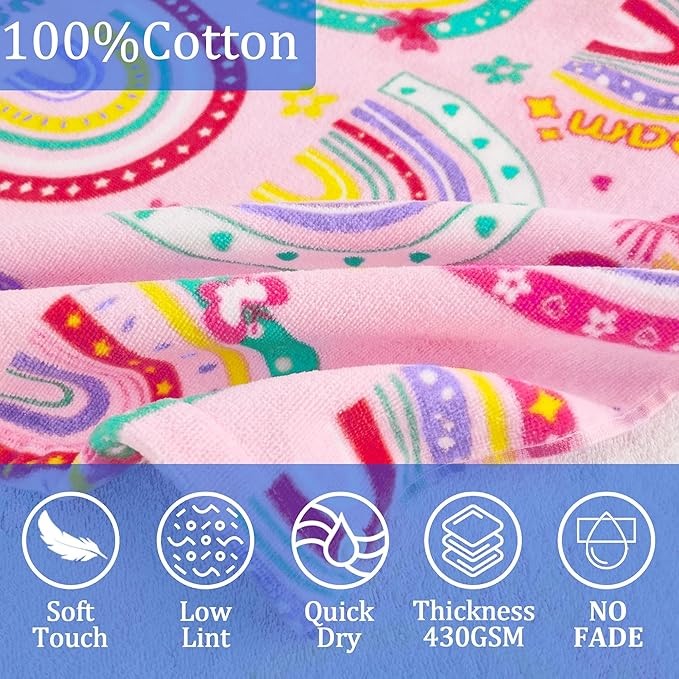 VOOVA & MOVAS Hooded Towels for Kid 3-8Years, 30''X50, Soft | Thick | 100% Cotton | Absorbent Towel Wrap for Girls, Perfect for Toddler Beach, Pool, Bath, Swimming,Rainbow