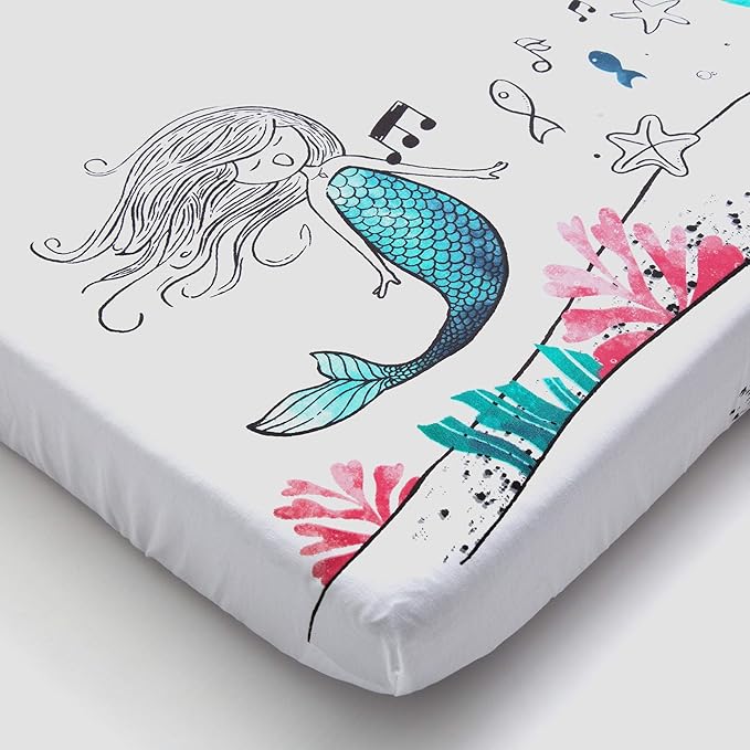 JumpOff Jo - Fitted Mini Crib Sheet for Portable Crib, Playard, and Playpen Mattresses and Mats, Super Soft 100% Cotton, 24 in. x 38 in. - Moonlight Mermaid