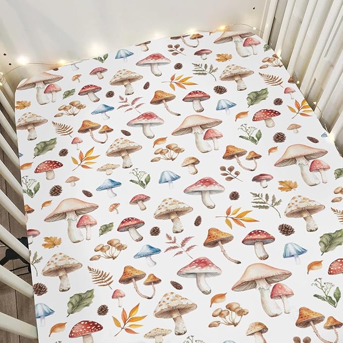 Watercolor Mushrooms Baby Crib Sheets for Boy Girl 52x28Inch Mushrooms Leaves Soft Stretchy Fitted Crib Mattress Cover Autumn Plant Baby Sheet for Standard Crib and Toddler Bed Mattress