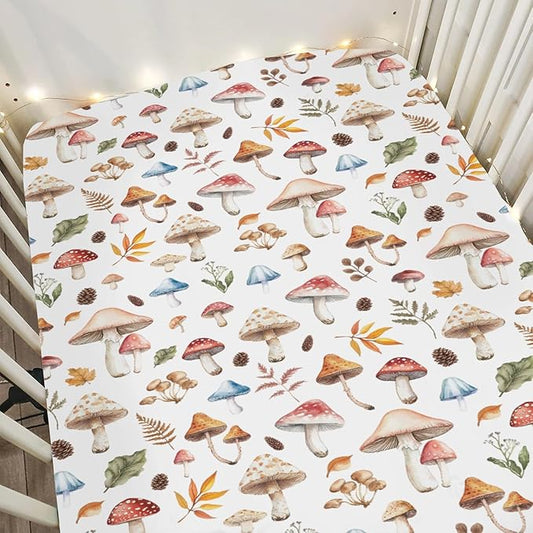 Watercolor Mushrooms Baby Crib Sheets for Boy Girl 52x28Inch Mushrooms Leaves Soft Stretchy Fitted Crib Mattress Cover Autumn Plant Baby Sheet for Standard Crib and Toddler Bed Mattress