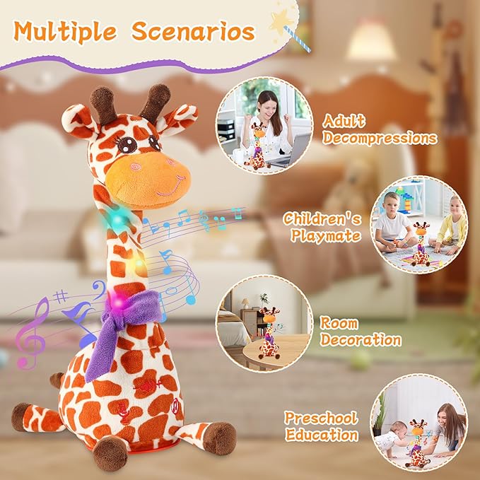 Dancing Talking Giraffe Toy, Stuffed Animal Baby Toy Repeating What You Say, Glowing Musical Electronic Giraffe Gifts for Toddlers 1-3 Years Old (New Giraffe)