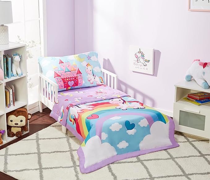 EVERYDAY KIDS 4 Piece Toddler Bedding Set - Unicorn Dreams - Includes Comforter, Flat Sheet, Fitted Sheet and Reversible Pillowcase