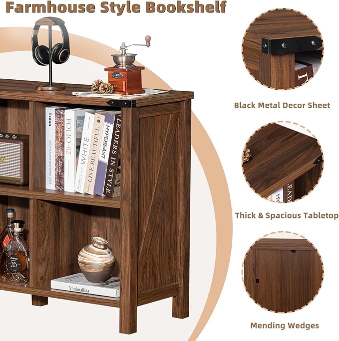 Joaxswe Farmhouse 6 Cube Book Shelf, Wood 3 Tier Storage Organizer Bookshelf, Brown Walnut 47" Horizontal Cubby Bookcase with Legs, Rustic Entryway Book Case, Long Display Cabinet for Bedroom, Office